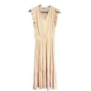 GRADE & GATHER Satin Tiered Midi Dress Flutter Sleeve Pockets FEMININE Small S